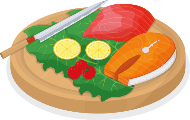 把金枪鱼和鲑鱼切成小块放在木头上图片下载