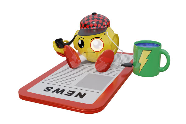 小机器人吃早餐。他正坐在手机上，为一杯能量饮料加油。图片下载