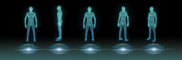 未来线框人体群活动，三维模型多边形点线，概念医学和技术，虚拟扫描解剖人体，人工智能或AI深度学习图片下载