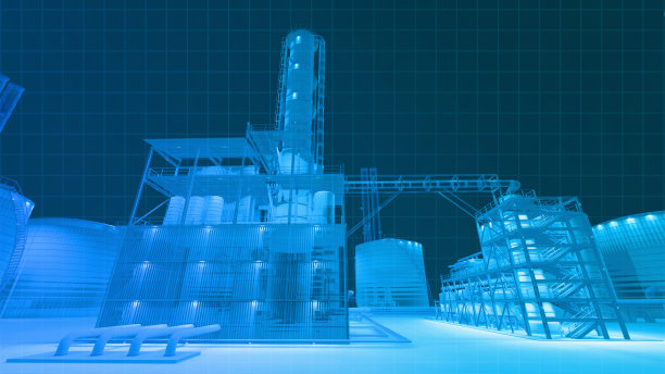 蓝色主题数字线框扫描视图从红外相机视角扫描建筑在黑暗中的炼油厂厂房，3D渲染为背景合成。图片下载