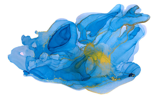 酒精墨蓝色和金色纹理隔离在白色背景上。海洋风格的水彩纹理。图片下载