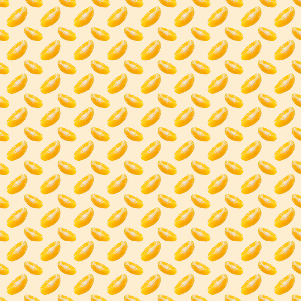 黄色背景上的几片多汁的橙子。无缝模式。图片下载