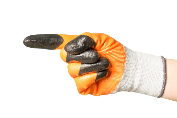 一个戴着工作手套的男人的手在一个白色的背景孤立指向手势。图片下载