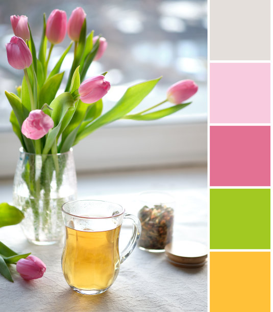 从图片的春天背景与茶在玻璃杯的配色调色板。桌上有一束粉红色的郁金香，桌布是纺织的。阳光从窗口图片下载