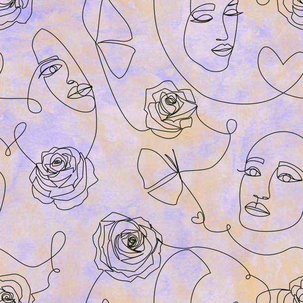 一条线的抽象污染艺术。现代无缝模式与女性的面孔图片下载