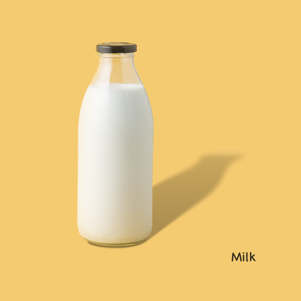 创意海报与一瓶素食牛奶在黄色背景与阴影图片下载
