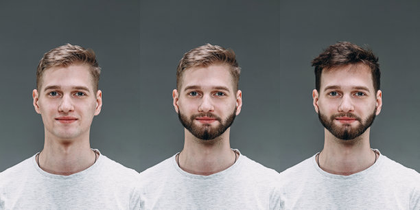 男人参观理发店前后的拼贴，欣喜的顾客用不同的发型、小胡子、胡须图片下载