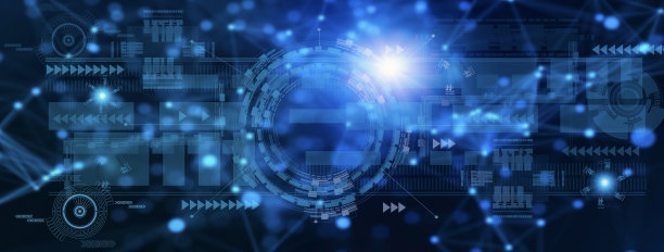未来科幻高科技，循环创新技术，视觉屏幕抽象蓝色背景，用户界面网络空间，现代HUD数据，显示通信，横幅头全景插图图片下载