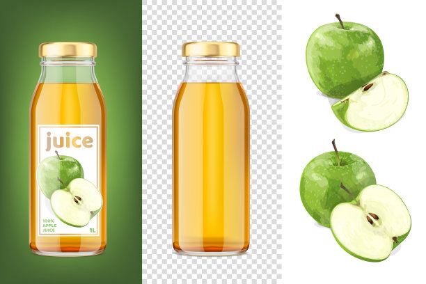 绿苹果汁模型3D透明瓶子和苹果。图片下载