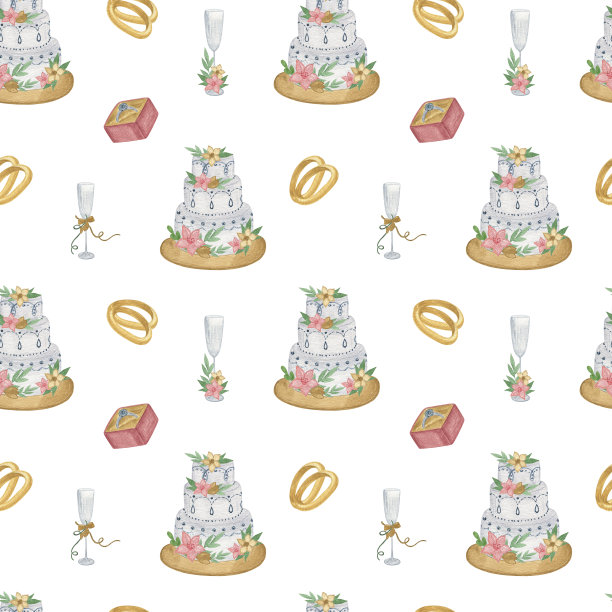 婚礼蛋糕，香槟酒杯，金戒指，鲜花，叶子无缝图案，手绘水彩插图简单绘制为情人节装饰，贺卡，礼品纸，纺织品，织物图片下载