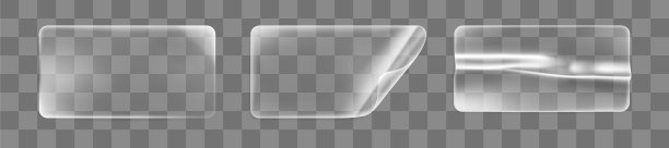 透明胶水皱巴巴的矩形贴纸与卷曲的角模拟设置。空白不干胶透明纸或塑料不干胶标签具有卷曲、起皱效果。三维逼真矢量图标图片下载