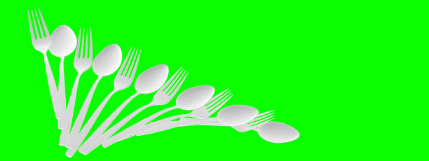 勺子和叉子的绿色背景设计的餐厅，咖啡馆，披萨店。极简设计的厨房勺子和叉子的广告目的。3D渲染，3D渲染。图片下载
