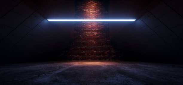 霓虹蓝橙科幻未来砖激光Led灯电子网络复古现实俱乐部混凝土水泥沥青走廊走廊隧道地下外星人飞船3D渲染图片下载