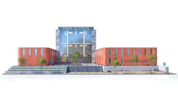 白色背景上的学校门面。三维演示图片下载