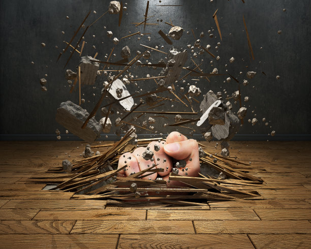 拳头击中木地板，从下面跳出来，而许多块石头和木片在飞行，3d插图图片下载