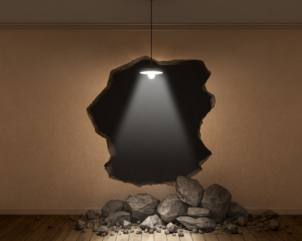 一个洞在墙上的概念与黑暗的背景和前面的灯，3d插图图片下载