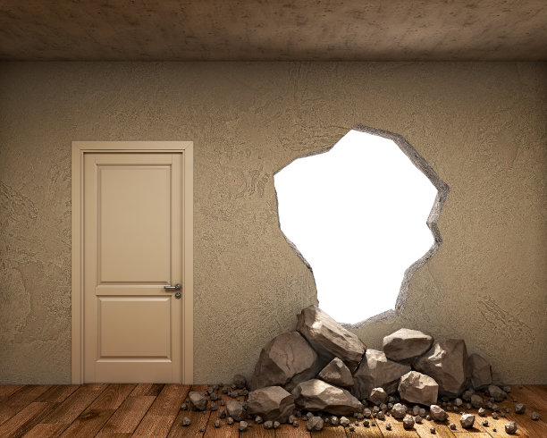 墙壁上的一个洞的概念和它附近的门，3d插图图片下载