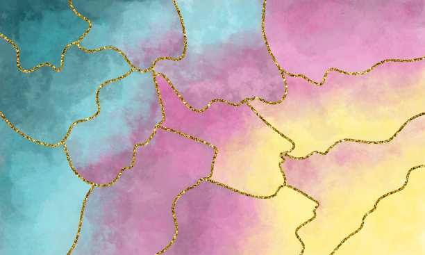 明亮的水彩背景与墨点的蓝绿色，黄色和粉红色的颜色。以大理石和黄金的形式绘制的插图图片下载