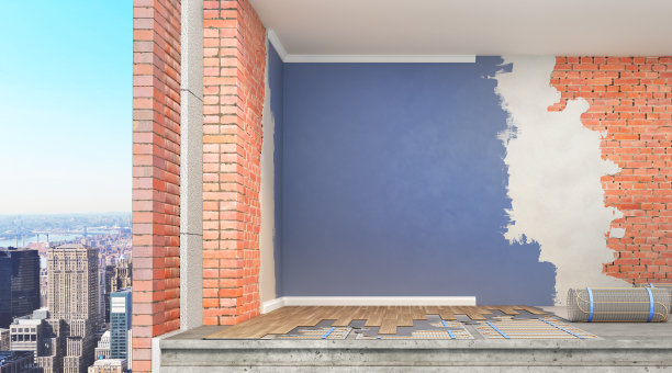 施工过程中空房的三维渲染与分层方案的墙壁三维插图图片下载