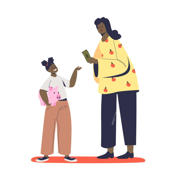 妈妈给孩子零花钱，让他们存到存钱罐里，教导孩子如何存钱图片下载