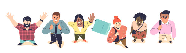 一组人抬头一笑，现代青年男女开心一笑，俯视图图片下载