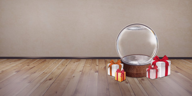 空雪球在一个木制的背景为庆祝新年前夕，生日，圣诞节和年底冬季事件3d插图图片下载