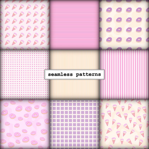 无缝图案套装，卡通手绘糖果甜甜圈和冰淇淋，柔和的粉米色淡紫色。图案印刷，包装，包装横幅，纺织品织物图片下载