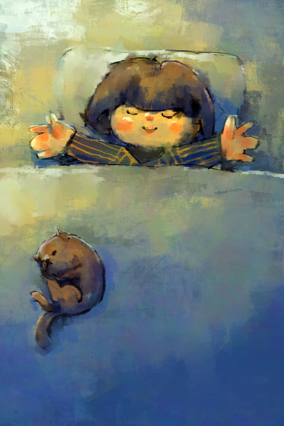 数字艺术绘画的女孩在床上与猫，画布上的油画纹理。图片下载