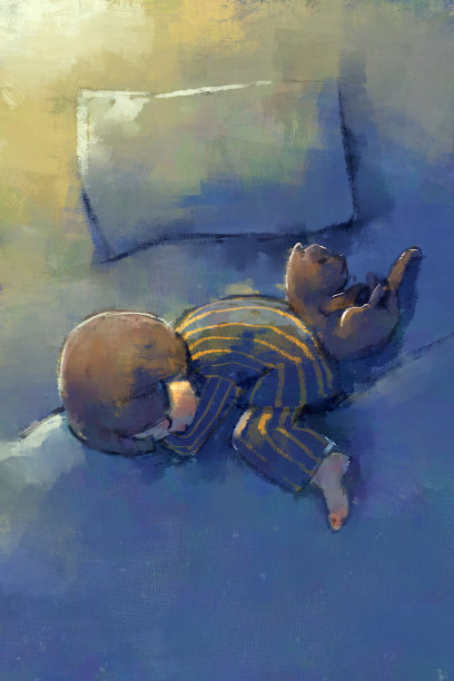 数字艺术绘画的女孩在床上与猫，画布上的油画纹理。图片下载