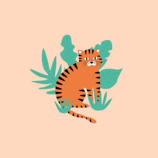 可爱的姜猫和植物。有趣的老虎和丛林。卡通矢量插图。图片下载