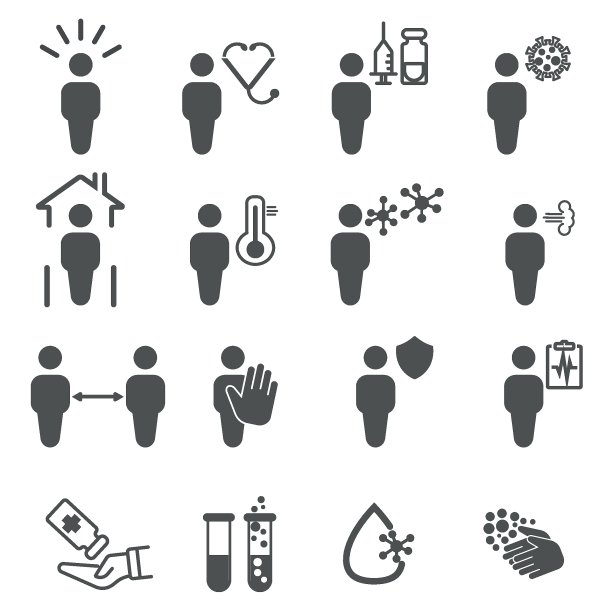 与冠状病毒防护相关的简单矢量线图标集。包含防护措施、冠状病毒症状、潜伏期等图标。可编辑的中风。白色背景。图片下载
