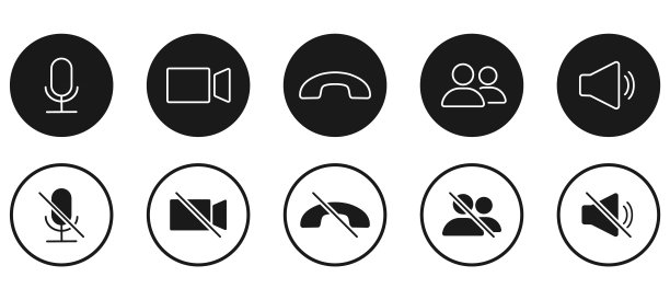 视频通话图标集。视频会议。收集在线视频聊天应用、网络通话、呼叫技术按键。Web应用ui显示模板。视频会议和在线会议工作空间图片下载