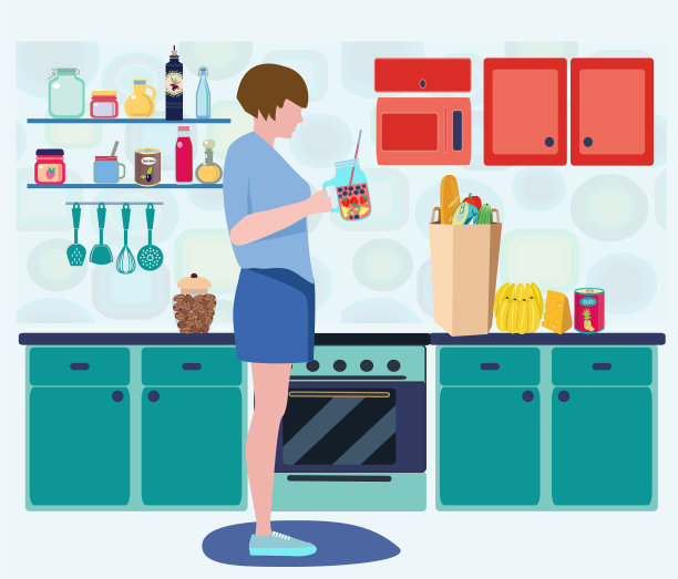 年轻女子在室内厨房与烹饪设备。图片下载