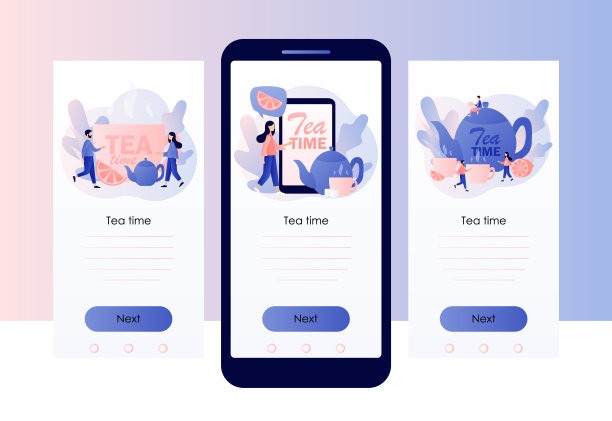 下午茶时间的概念。热饮料。小矮人在喝茶。水壶，杯子，柠檬片和方糖。手机智能手机屏幕模板。现代平面卡通风格。矢量图图片下载