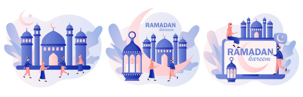 斋月贾巴尔。矮小的人们互相问候开斋节穆巴拉克假日。圣月，晚上祈祷和清真寺的灯笼。穆斯林的节日。现代扁平卡通风格。矢量插图上的白色背景图片下载
