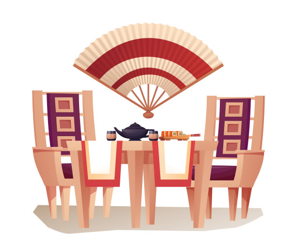 日式餐厅室内设计元素。亚洲传统美食与寿司和茶矢量插图。桌子上有茶壶，杯子，食物，两把椅子，风扇孤立在白色的背景图片下载