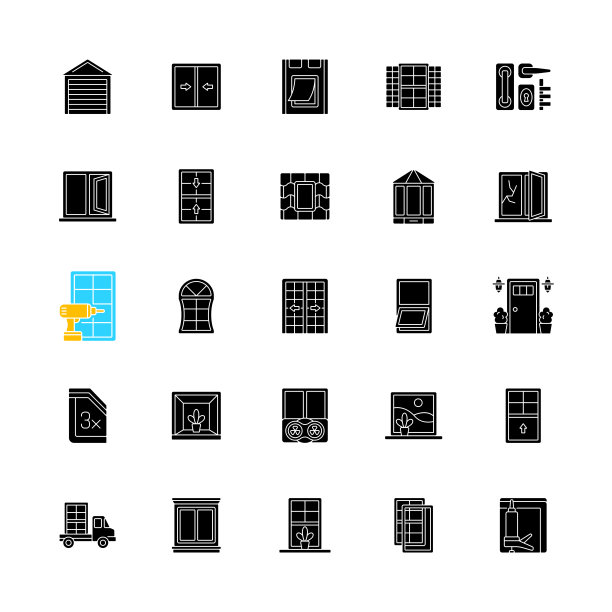 窗户和门安装服务黑色字形图标设置在空白图片下载