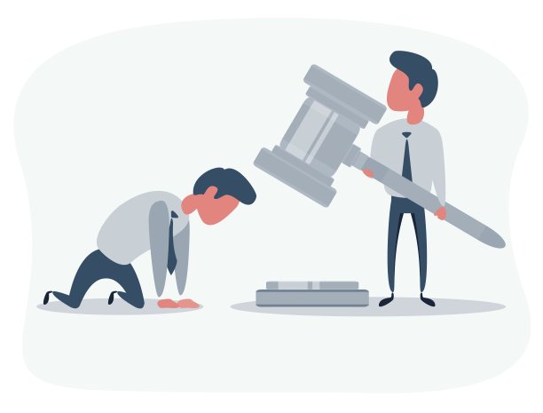 卡通人物。商人手中握着正义的木槌。平的插图图片下载