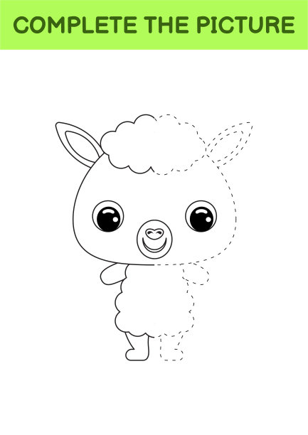 完整画的可爱羊驼。彩色的书。点复制游戏。书法练习，绘画技巧训练。教育开发可打印的工作表。活动页面。矢量插图。图片下载