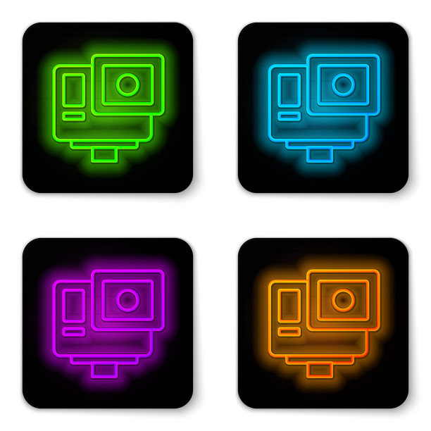 发光的霓虹灯线行动极端相机图标孤立在白色背景。拍摄极限运动的摄像机设备。黑色方形按钮。向量图片下载