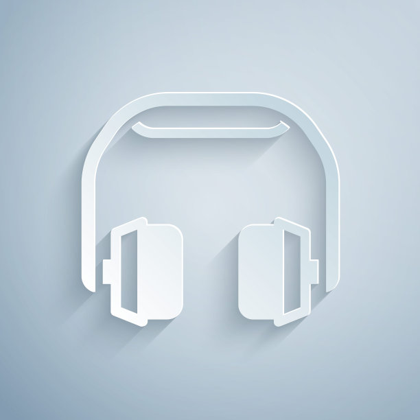 剪纸耳机图标孤立在灰色背景。耳机。听音乐、服务、沟通和操作员的概念。纸艺术风格。向量图片下载