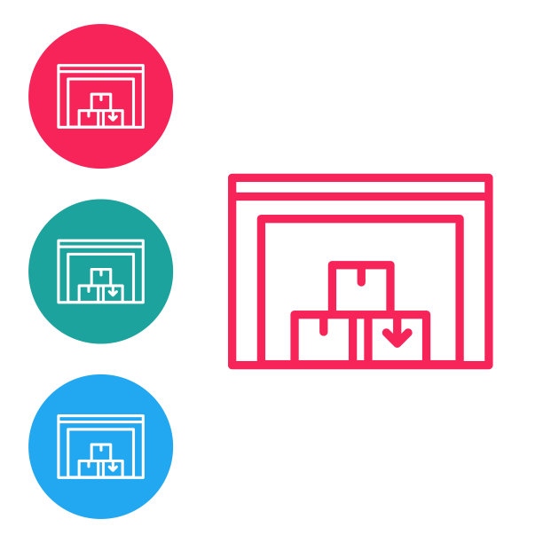 等距仓库图标隔离在橙色背景。银广场按钮。向量图片下载