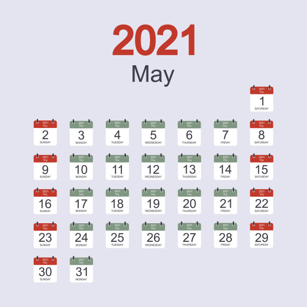 每月日历模板为2021年5月与每日的日期。一周从周日开始。平的风格图片下载