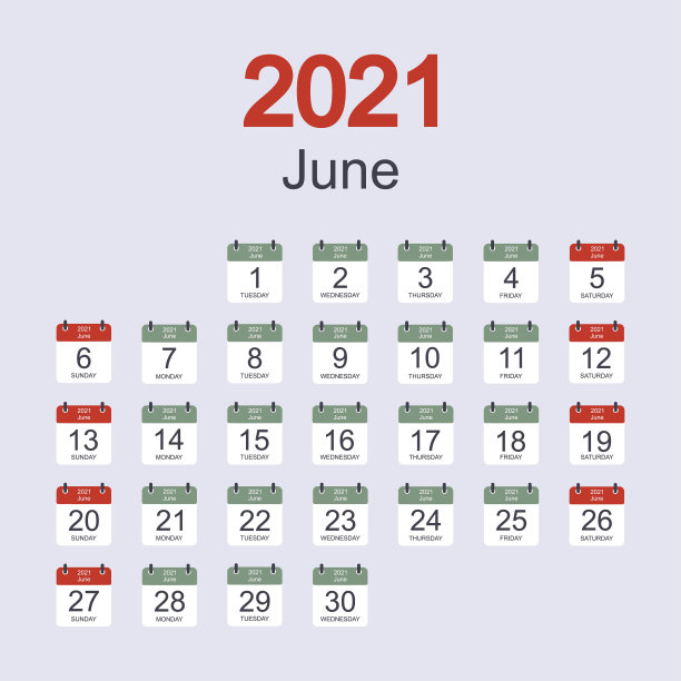 每月日历模板为2021年6月与每天的日期。一周从星期天开始。平的风格图片下载
