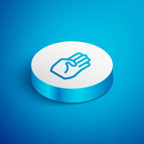 等距线印度符号手图标孤立在蓝色背景。白色的圆按钮。向量图片下载