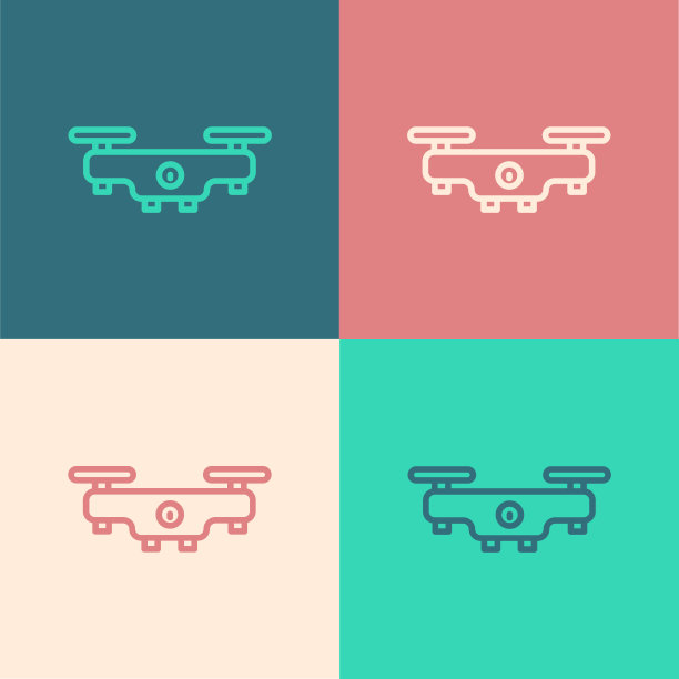 白色无人机飞行图标孤立在黑色背景。带有视频和照片相机符号的四轴飞行器。向量图片下载