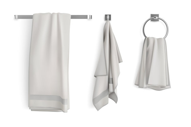 一套白毛巾挂在衣架上。3 d矢量图图片下载
