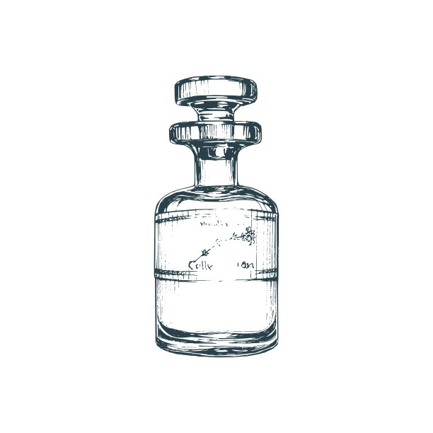 香水瓶，矢量素描。雕刻风格的香精油小瓶图解。用于香水贴纸、水疗店标签等。图片下载