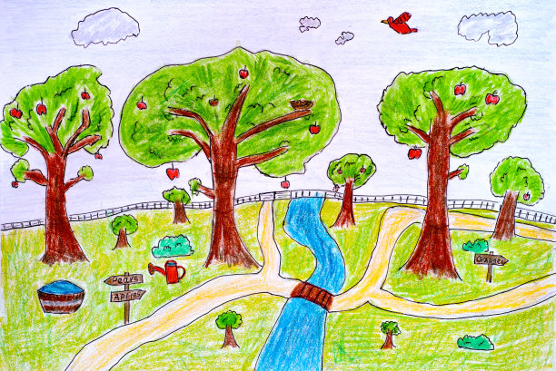 儿童铅笔手绘。有苹果树的果园图片下载