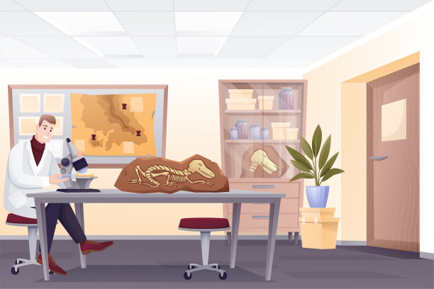 古生物学家在实验室里研究化石。在实验室里用显微镜研究灭绝恐龙骨骼的人。古代史博物馆内部背景图片下载